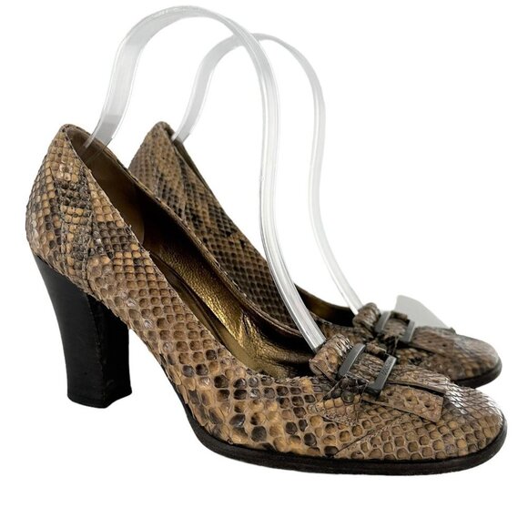 Dolce and Gabbana Brown Python Snakeskin Square Toe Kiltie Pumps Size 38 Heels - Picture 1 of 11
